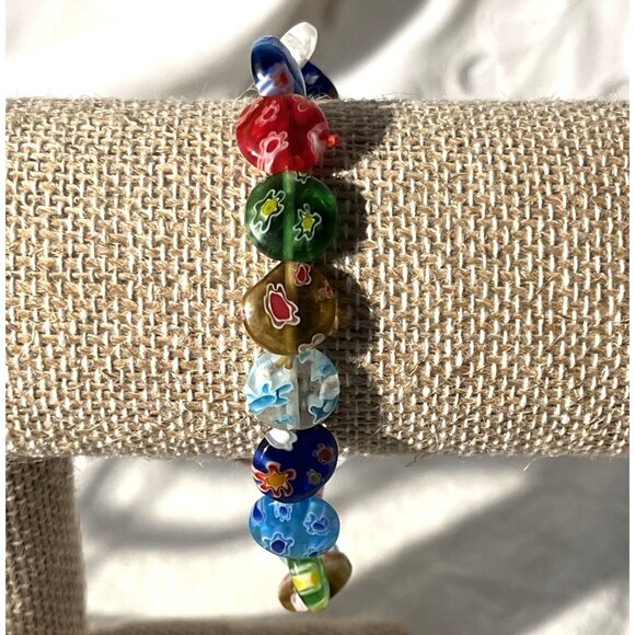 Handmade Millefiori Glass Bead Stretch Bracelet With Multicolor Floral Design - Picture 1 of 8